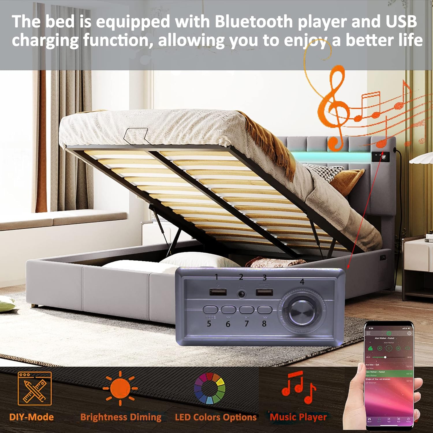 Queen Size Modern Platform Bed with Hydraulic Storage System and Headboard,Velvet Fabric Upholstered Bedframe with LED Lights,Bluetooth Player and USB Charger for Bedroom,Gray