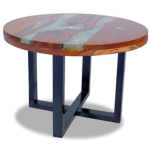 Coffee Table Teak Resin 23.6",Round Coffee Table with Resin Decoration, Rustic Teak & Mango Wood Table for Living Room or Bedroom