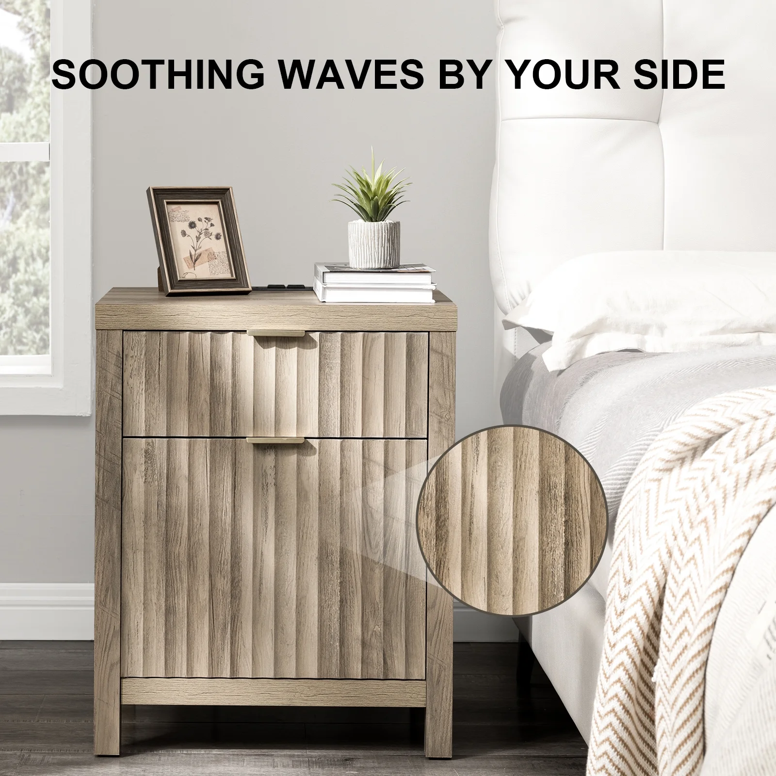 OAKHAM Set of 2 Nightstands with Charging Station and 2 Drawers - Farmhouse Bedside Tables, End Tables for Bedroom, Living Room, Sunwashed Ash Oak