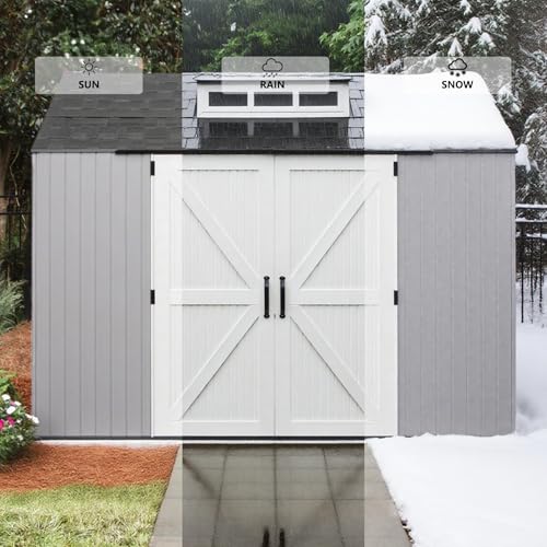 Large Resin Outdoor Storage Shed with Floor (7-10.5 Ft) - Weatherproof Double Wall Construction for Lawn Mowers, Garden Tools, Bike & Pool Supplies, Lockable (Brown, 7x7 FT)