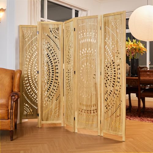 Room Divider Wood Carved Wall Divider Indoor Folding Bohemian Style Portable Partition Screen for Home Office Garden Terrace - 6 Panels (Antique, White-Washed)
