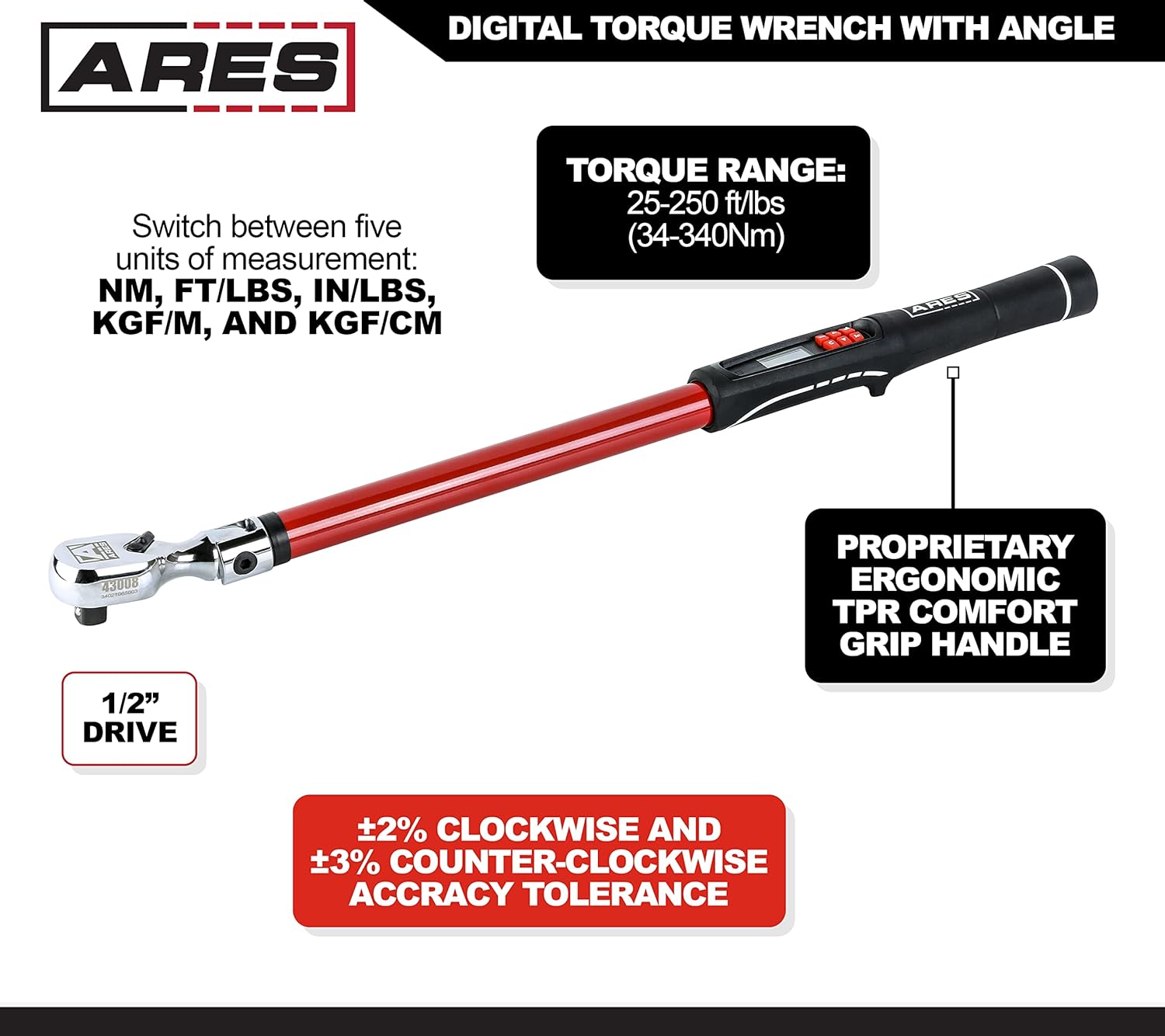ARES 43008 - 1/2-Inch Drive Flex Head Electronic Digital Torque and Torque Angle Wrench - 25-250 ft/lbs (34-340Nm) - +/- 2% Accuracy - Reversible Thumb Switch - Multi-Alert Prevents Over-Torquing