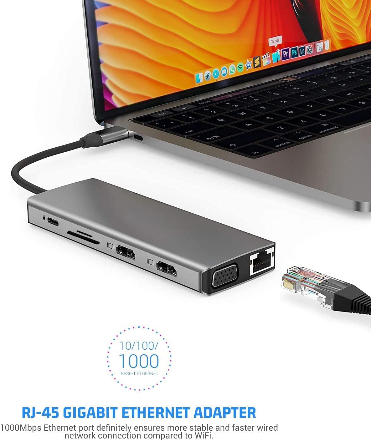 USB C Docking Station Dual Monitor, 12-in-1 Triple Display USB C Adapter for Windows，MacBook Pro with Dual 4K HDMI, VGA, Gigabit Ethernet, 1 USB 3.0, 3 USB 2.0, 100W PD, SD/TF Card Reader, AUX