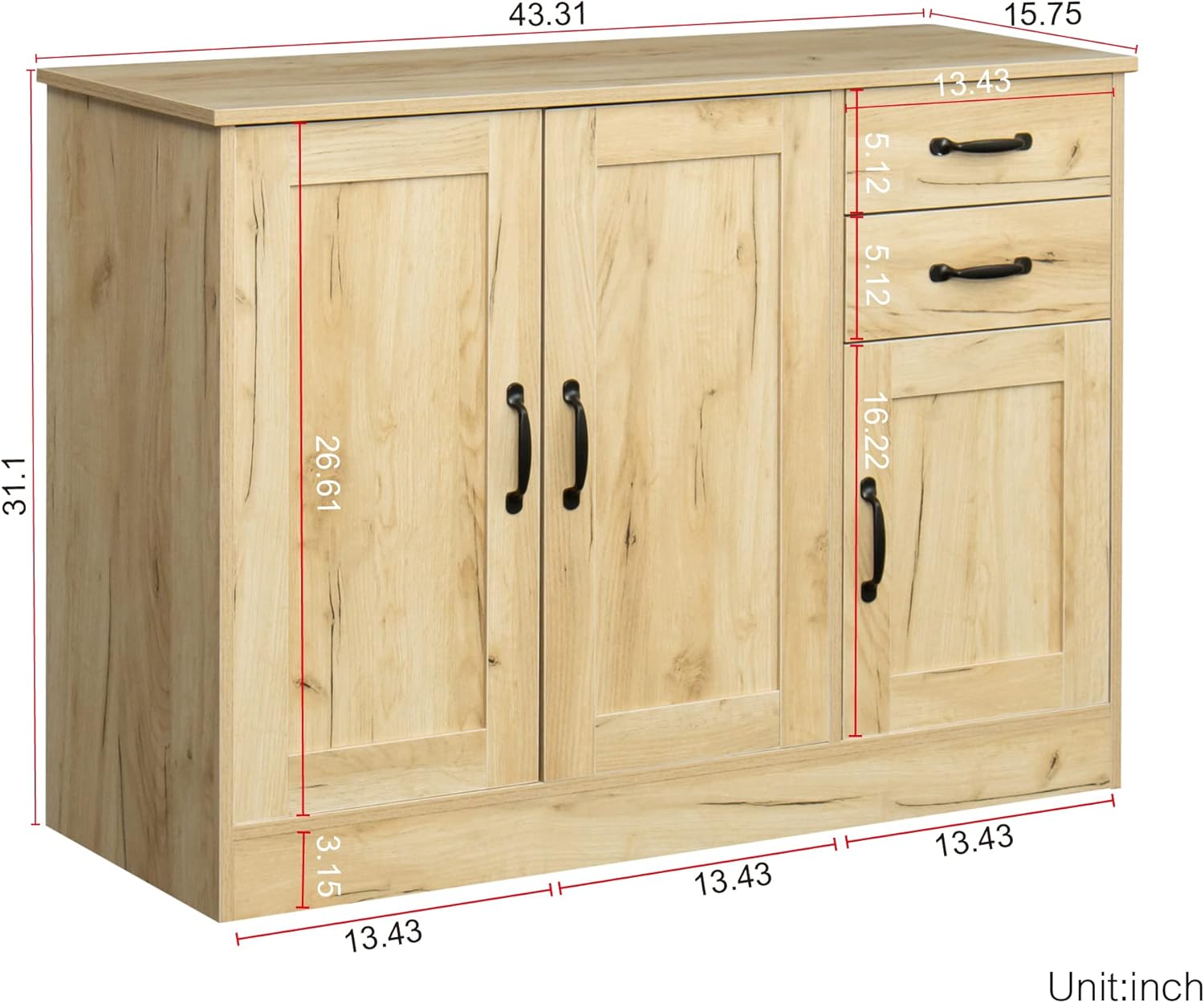 GIA Home Furniture Series Modern Wood Buffet Sideboard with 2 Doors and Drawers-Entryway Serving Storage Cabinet-Dining Room Console, 43.3 Inch, Oak Finish