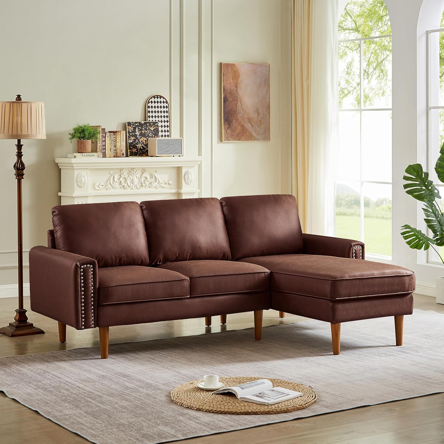 82.2" Mid Century Suede Leather Sofa with Right Chaise Lounge, 3 Seater Modern L-Shaped Couch w/Nail Armrests and Comfy Cushions, Deep Seat Corner Sectional for Living Room Bedroom Apartment