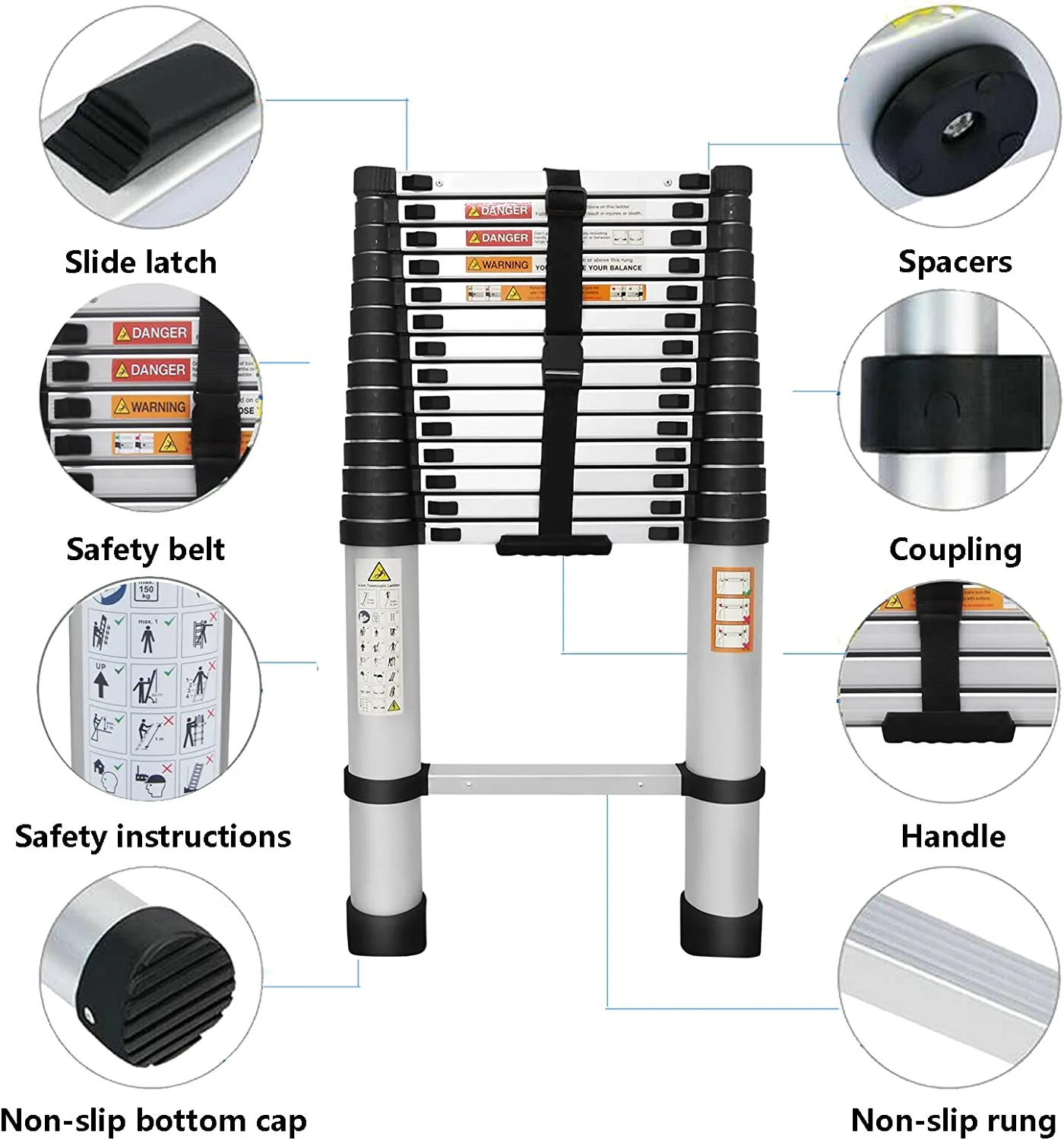 Telescoping Ladder, 14.4 FT Aluminum Lightweight Extension Ladder, Telescopic Ladders for Outdoor Indoor Use, Multi-Purpose Ladder for Household Daily or Hobbies, Heavy Duty 330 Pound