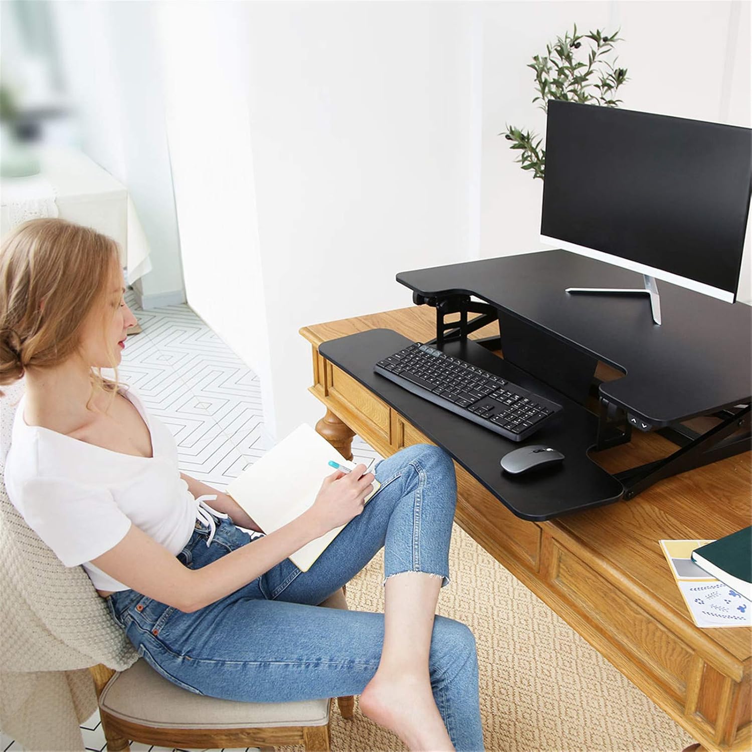 FlexiSpot Motorized Standing Desk Converter- 35" Wide Electric Stand up Desk Computer Desk Riser with Quick Release Keyboard Tray EM8MB