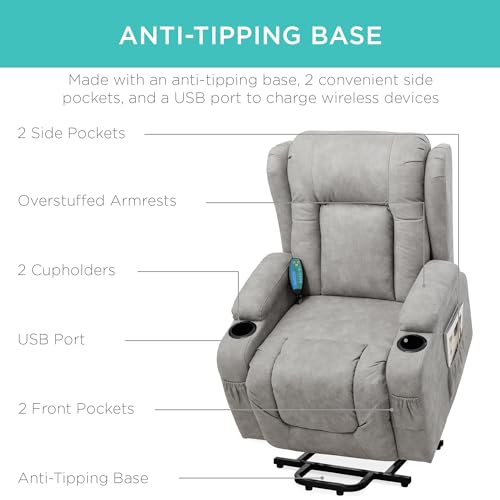 Best Choice Products PU Leather Electric Power Lift Chair, Recliner Massage Chair, Adjustable Furniture for Back, Legs w/ 3 Positions, USB Port, Heat, Cupholders, Easy-to-Reach Side Button - Brown