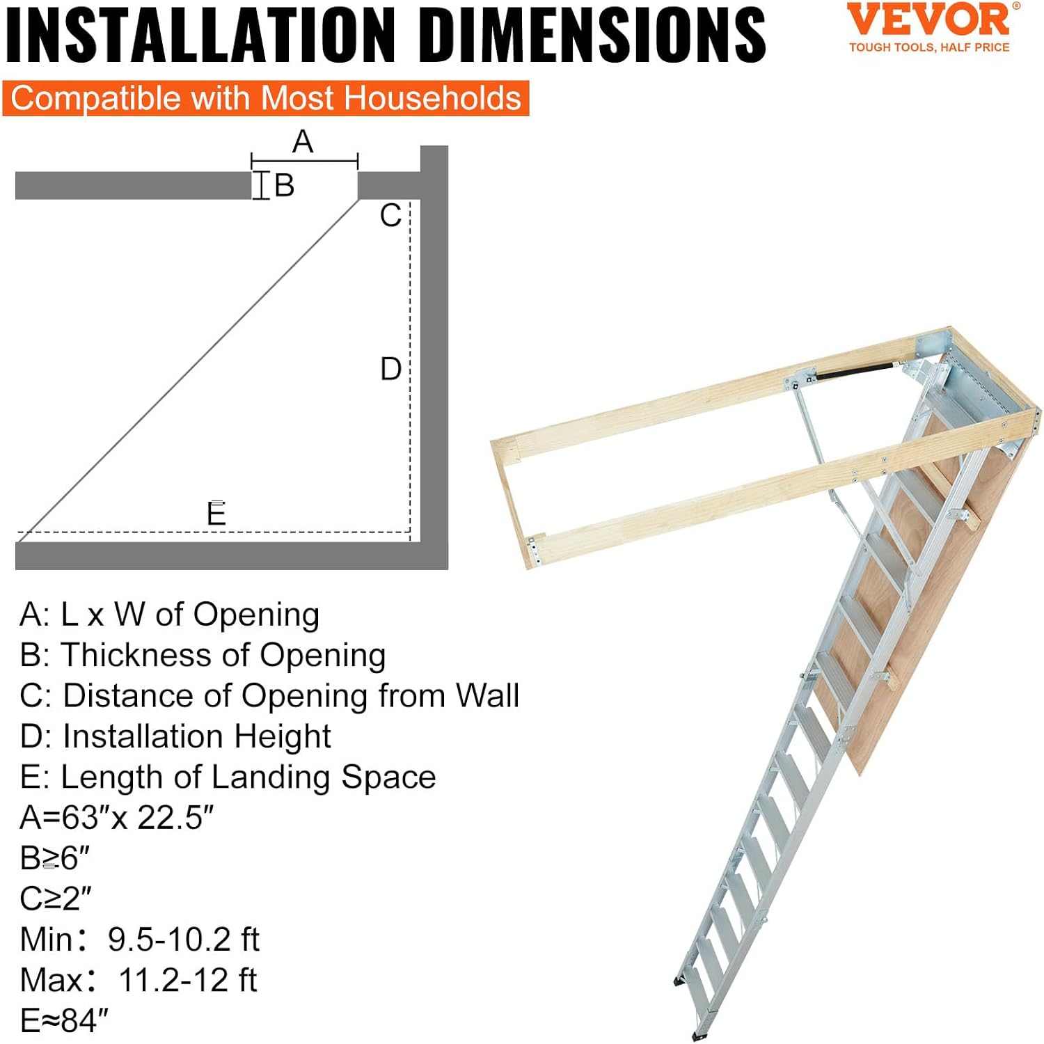 VEVOR Attic Ladder Foldable, 350-pound Capacity, 22.5" x 63", Multi-Purpose Aluminium Extension, Lightweight and Portable, Fits 9.5'-12' Ceiling Heights, Convenient Access to Your Attic Standard