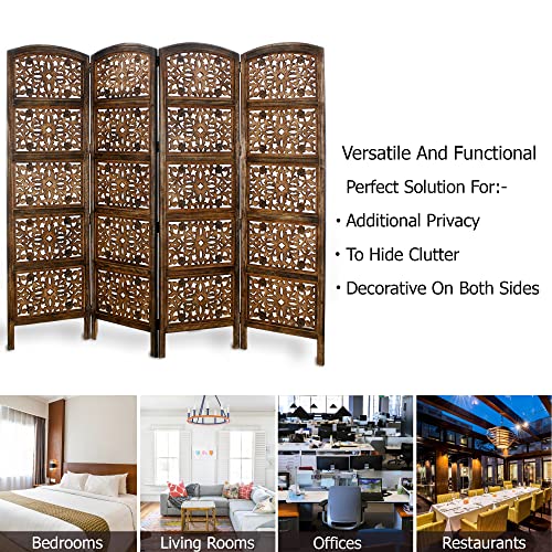 Room Divider Wood Screen - Ghanti Bells Antique Brown - 4 Panel Folding 72 x 80 - Assembled Hand Carved Decorative Functional Versatile Portable Partition Reversible Privacy Boho - COTTON CRAFT