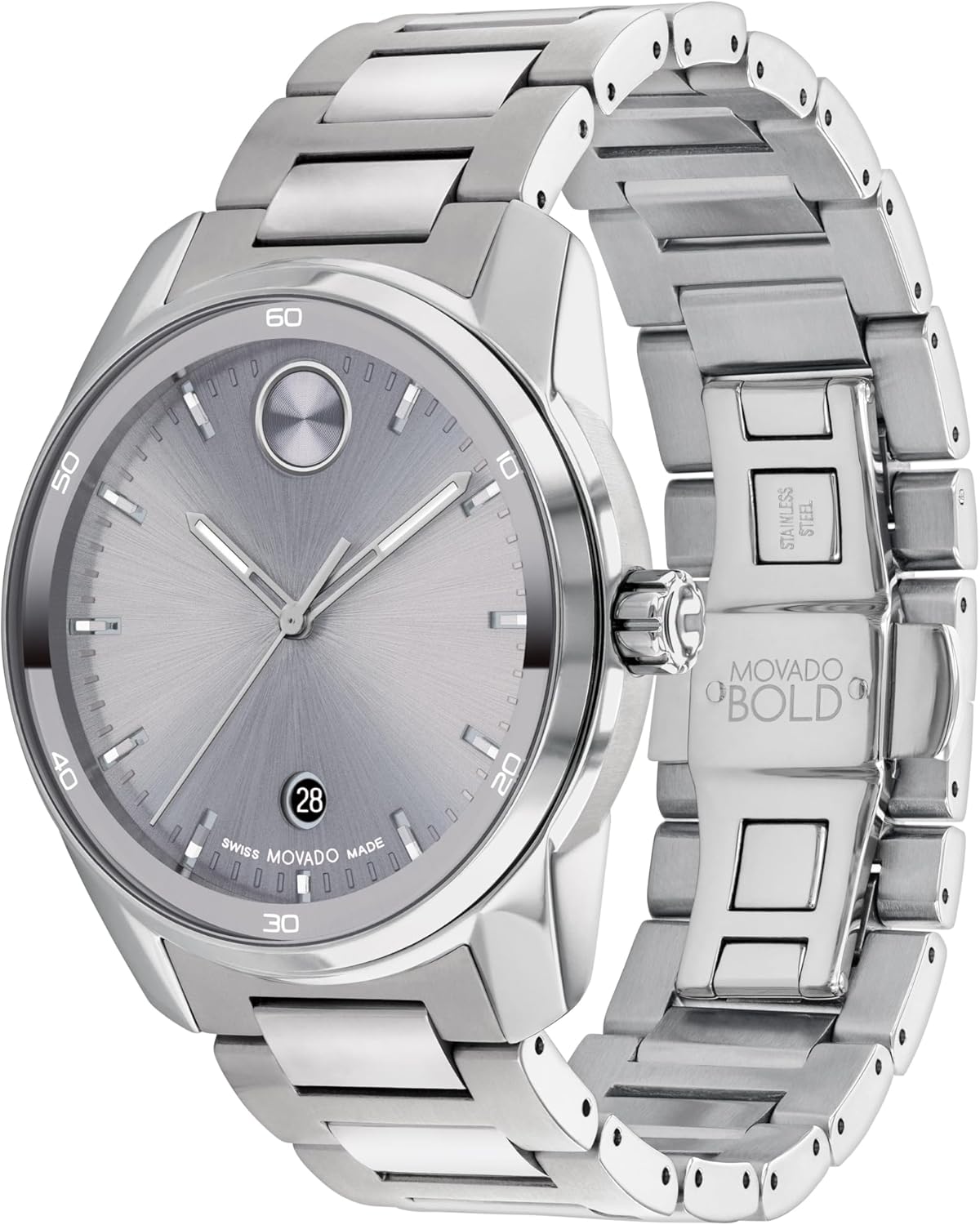 Movado Bold Verso Men's Sport Watch - Swiss Quartz Movement, Stainless Steel Link Bracelet - 5 ATM Water Resistance - Luxury Fashion Timepiece for Him - 42mm
