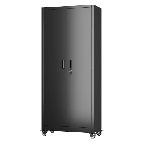 Aobabo 71" H×34" W×18" D Garage Metal Storage Cabinet with Wheels, Locking Steel Storage Cabinet with 5 Shelves and 4 Hooks, for Home Office, School, Assembly Required, Black Silver