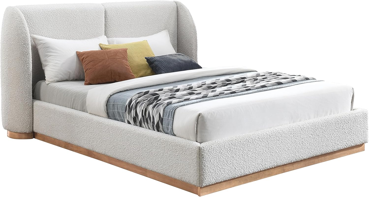 Meridian Furniture Jardin Collection Art Deco Full Rich Cream Boucle Fabric, Solid Wood Base, Rounded Wing Back Bed