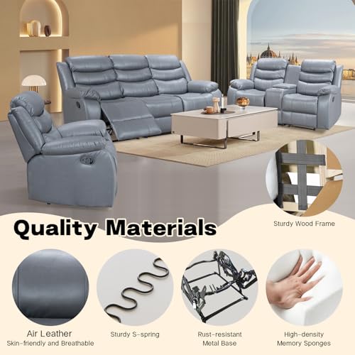 Air Leather Recliner Sofa, Manual Double Recliner with Cup Holder and Storage Space, Living Room/Bedroom/Meeting Room Double Recliner Sofa,Grey