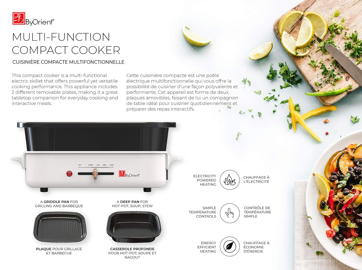 ByOrient Multi-Function Electric Cooker Skillet Compact Multicooker including 2 cooking pans