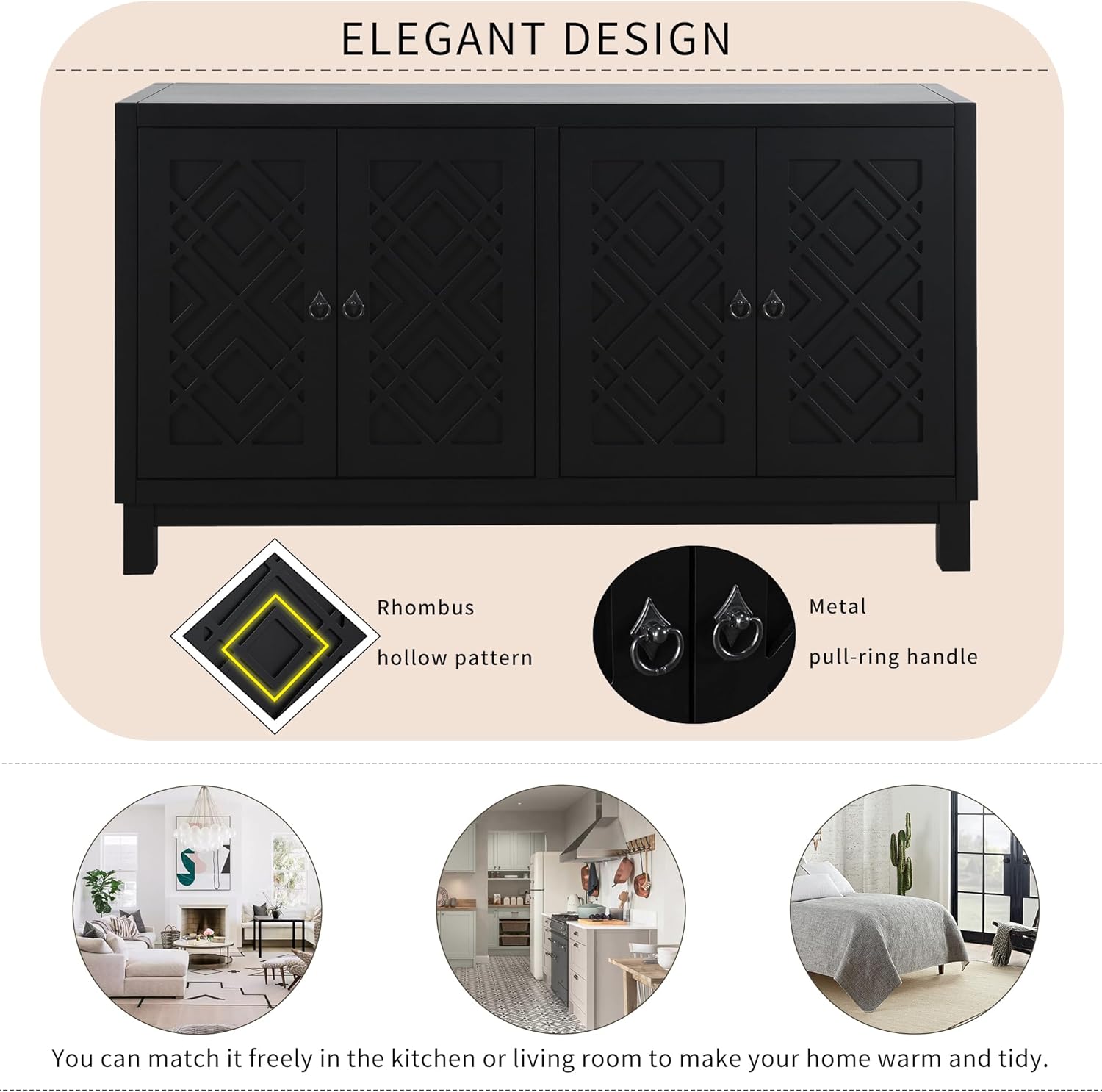 Elegant Storage Cabinet Sideboard,4 Door Buffet Cabinet with Pull Ring Handles,Large Storage Space, Versatile Cabinet for Living Room, Dining Room（Black）