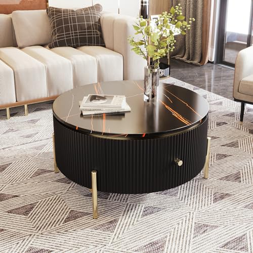 Modern Round Lift-top Nesting Coffee Tables with 2 Drawers for Living Room White & Natural