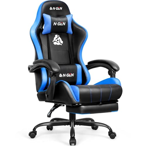 N-GEN Video Gaming Chair with Footrest High Back Ergonomic Comfortable Office Computer Desk with Lumbar Support Height Adjustable with PU Leather Recliner for Adults Women Men (Black)