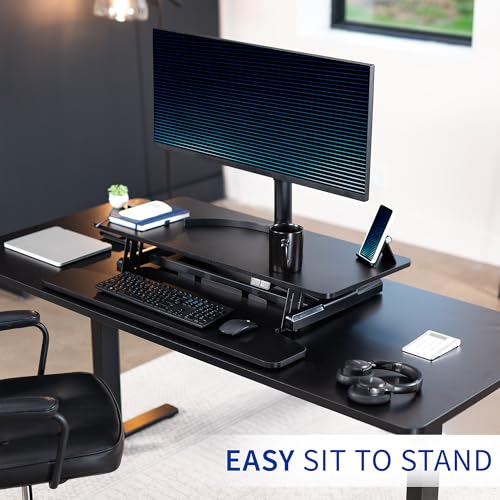 VIVO 42 inch Electric Motor Desk Converter, Height Adjustable Riser, Sit to Stand Dual Monitor and Laptop Workstation with Wide Keyboard Tray, Black, DESK-VE42B