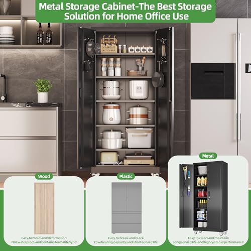 73" H Metal Storage Cabinet with Wheels, Garage Storage Cabinet with 4 Adjustable Shelves and Lockable Doors for Garage Home Office Utility Room,Required Assembly,Black