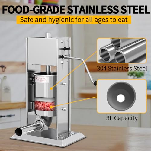 Manual Sausage Stuffer 7L/14LB, Vertical Sausage Maker, Food Grade Stainless Steel Meat Filling Kitchen Machine with 5 Stuffing Tubes for Commercial, Home and Outdoor