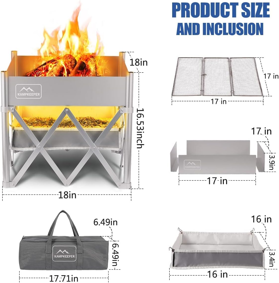 KAMPKEEPER Fire Pit 18 Inch Outdoor Wood Burning Fire Pit,Portable Fire Pit for Camping, Beach Parties,and More,Included Heat Shield for Leave No Trace Fires(Pop-Up Fire Pit + Heat Shield)