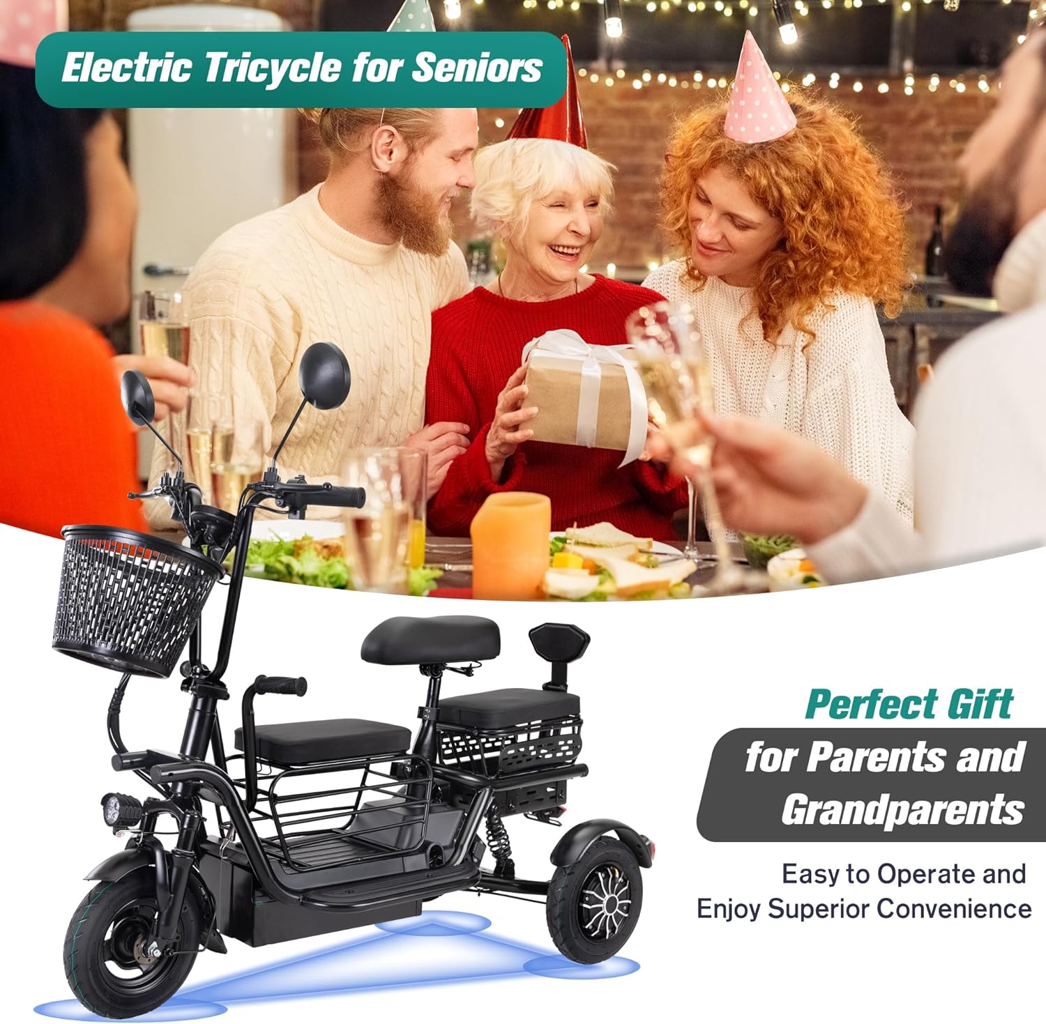 Electric Bike for Adults Seniors Foldable Tricycle w/3 Seats, 3-Wheel Adult Electric Bicycles Trike Ebike Cruiser with Baskets for Shopping Cycling, LED Display, Lights, 48V 400W, Black