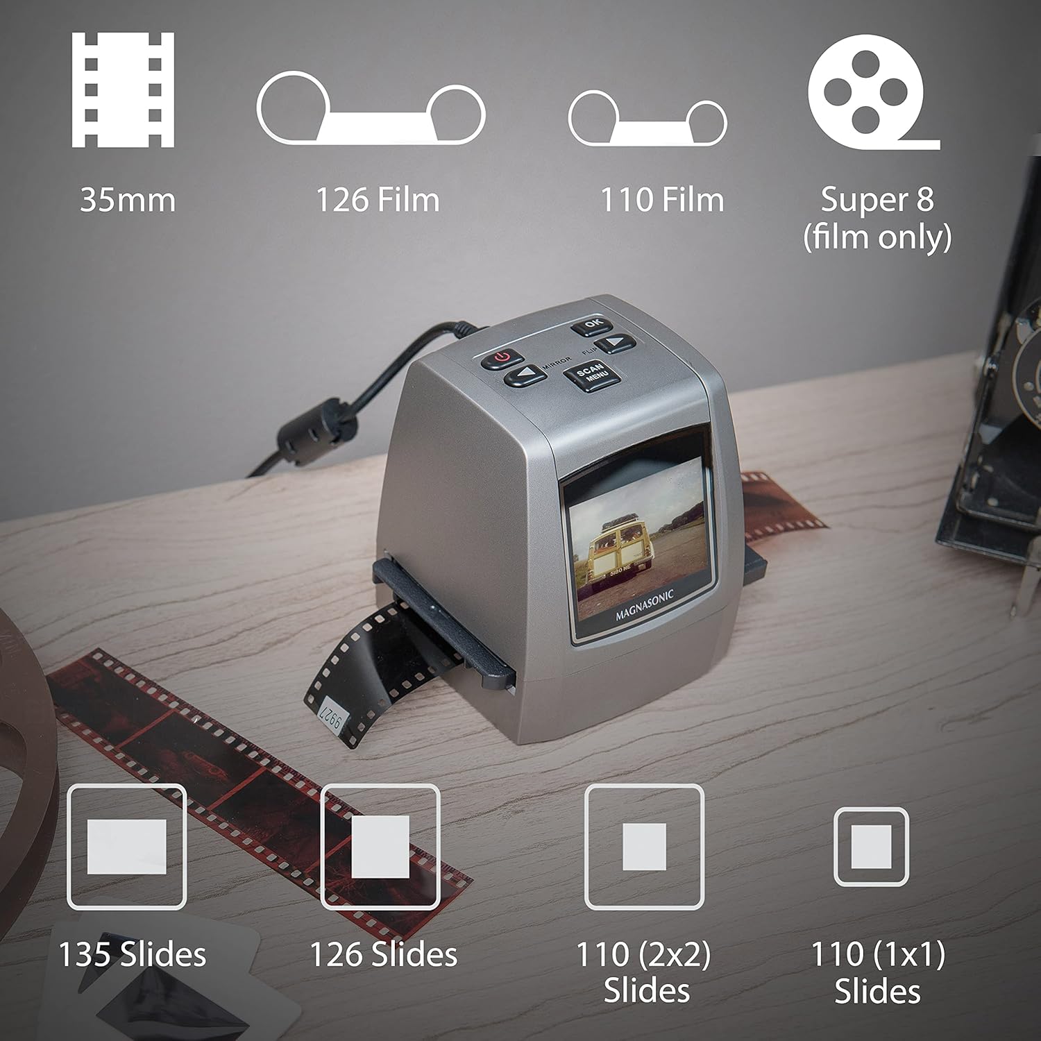 Magnasonic All-in-One High Resolution 22MP Film Scanner, Converts 35mm/126KPK/110/Super 8 Films, Slides, Negatives into Digital Photos, Vibrant 2.4 LCD Screen, Impressive 128MB Built-in Memory