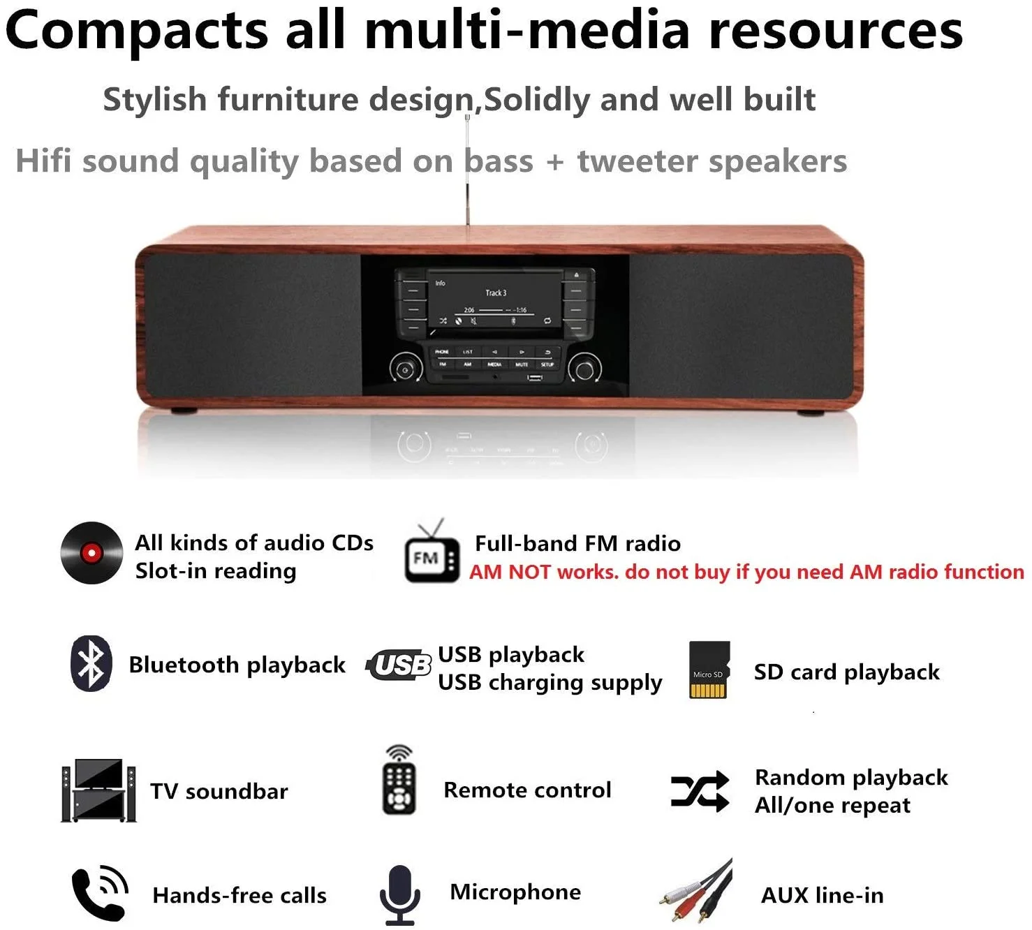 Open Box KEiiD CD Player for Home with Bluetooth Stereo System Wooden Desktop Speakers FM USB 20 lb