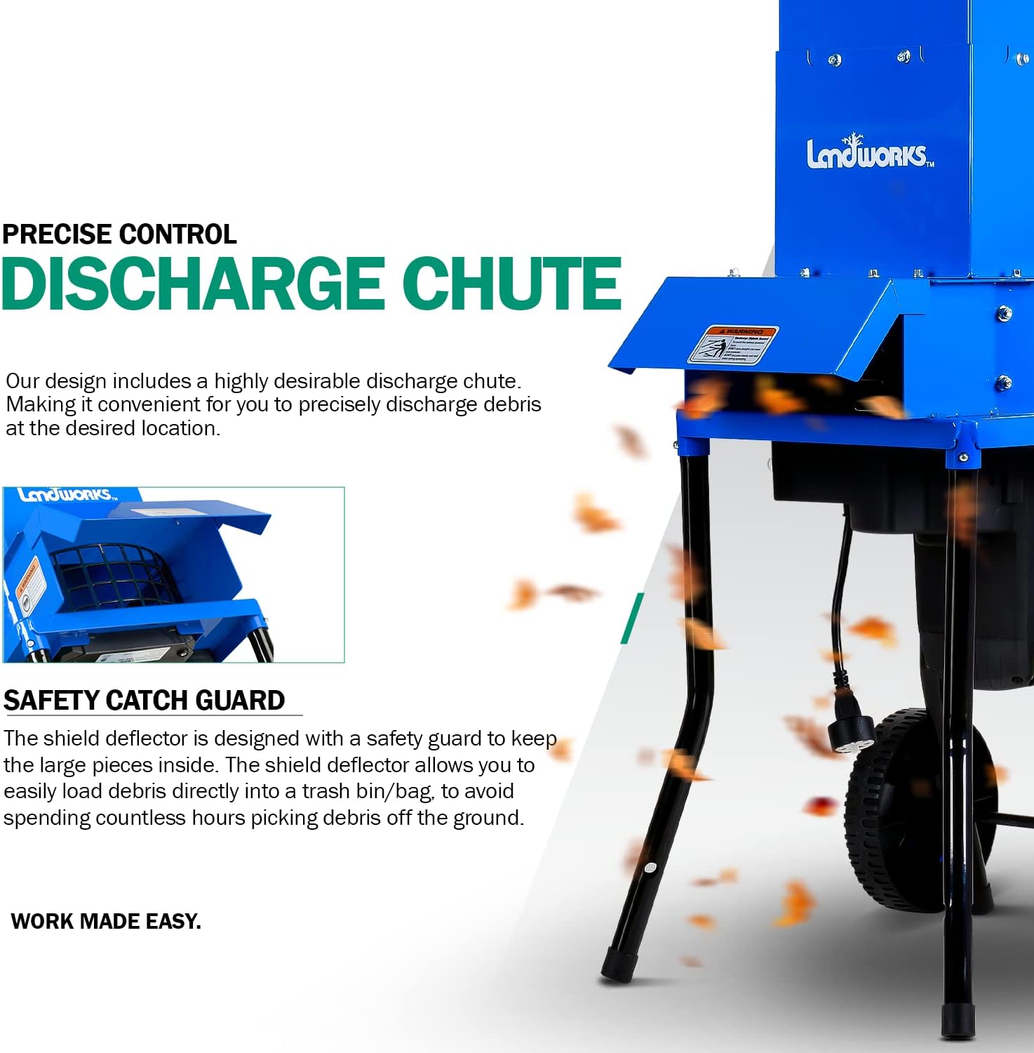 Landworks Leaf Mulcher Shredder Electric Green and Waste Management Heavy Duty 120V AC 11 Inch Cutting Blade .5 Inch Cutting Capacity for Leaves, Grass, & Clippings