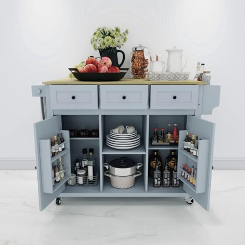 Kitchen Cart on Wheels with Drop Leaf,Rolling Kitchen Island with Storage Cabinet and 3 Drawers,Spice Rack,Towel Rack,Island Table for Kitchen,Living Room,Dining Room (Grey Blue)