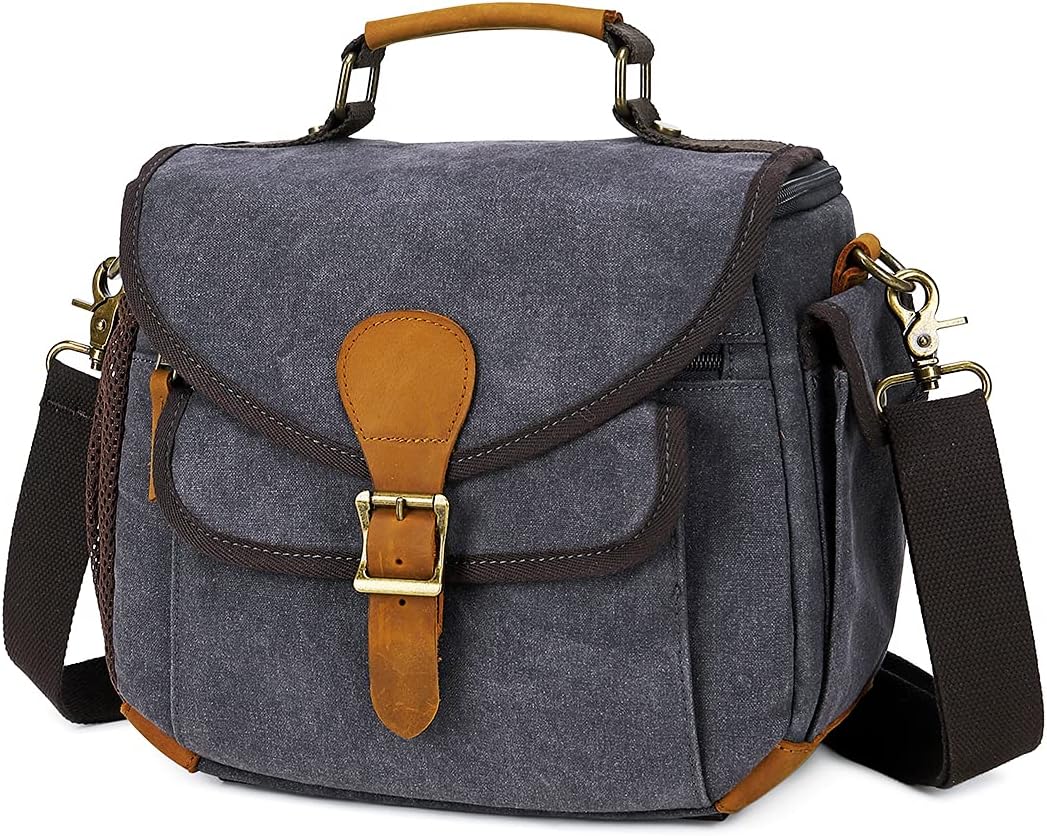 Camera Bag Camera Case Waterproof DSLR Camera Gadget Bag for Men and Women Camera Sling Bag Compact Camera Shoulder Crossbody Bag Case Waxed Canvas Crazy Horse Leather (Khaki)