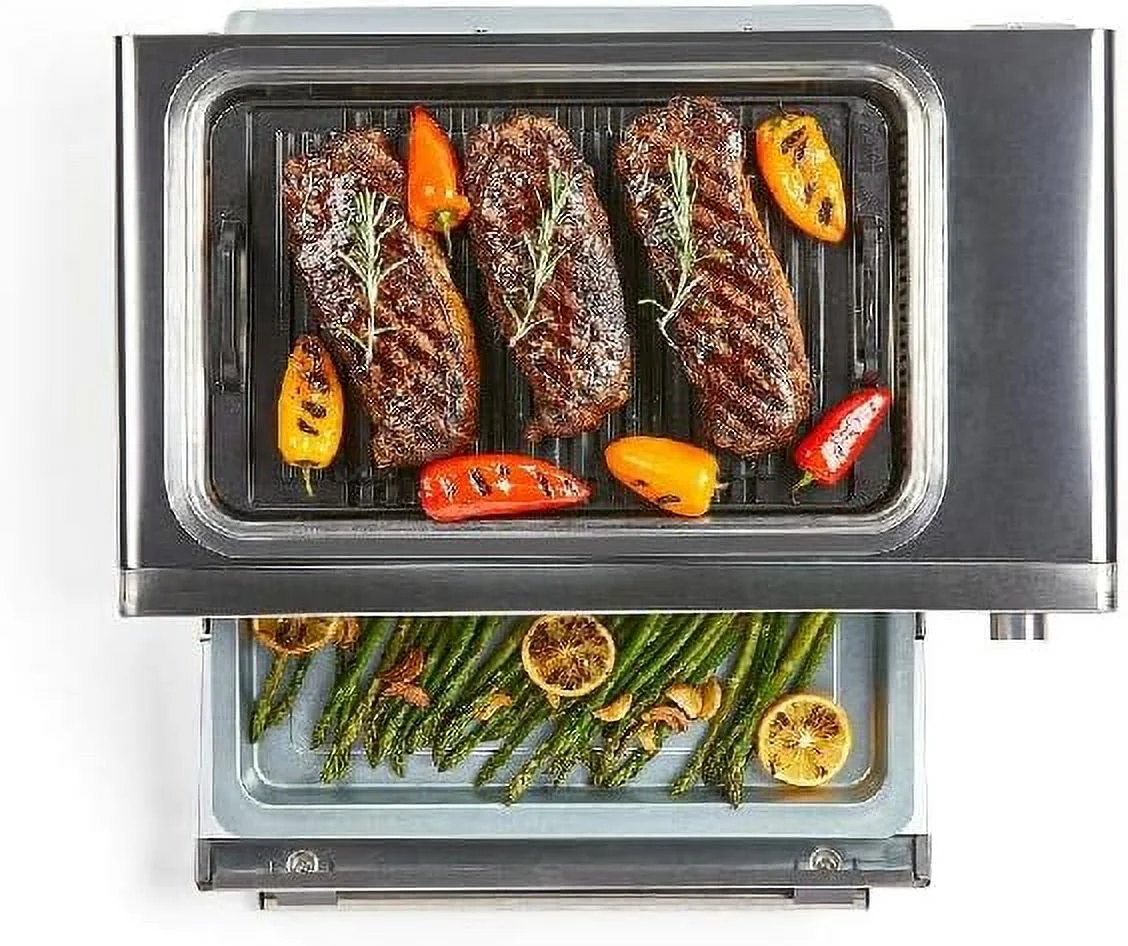 Emeril Power Grill 360, 6-In-1 Countertop Convection Toaster Oven With Top Indoor Grill, Air Fry, Roast, Toast, Bake, Dehydrate, Glass Lid, Stainless Steel