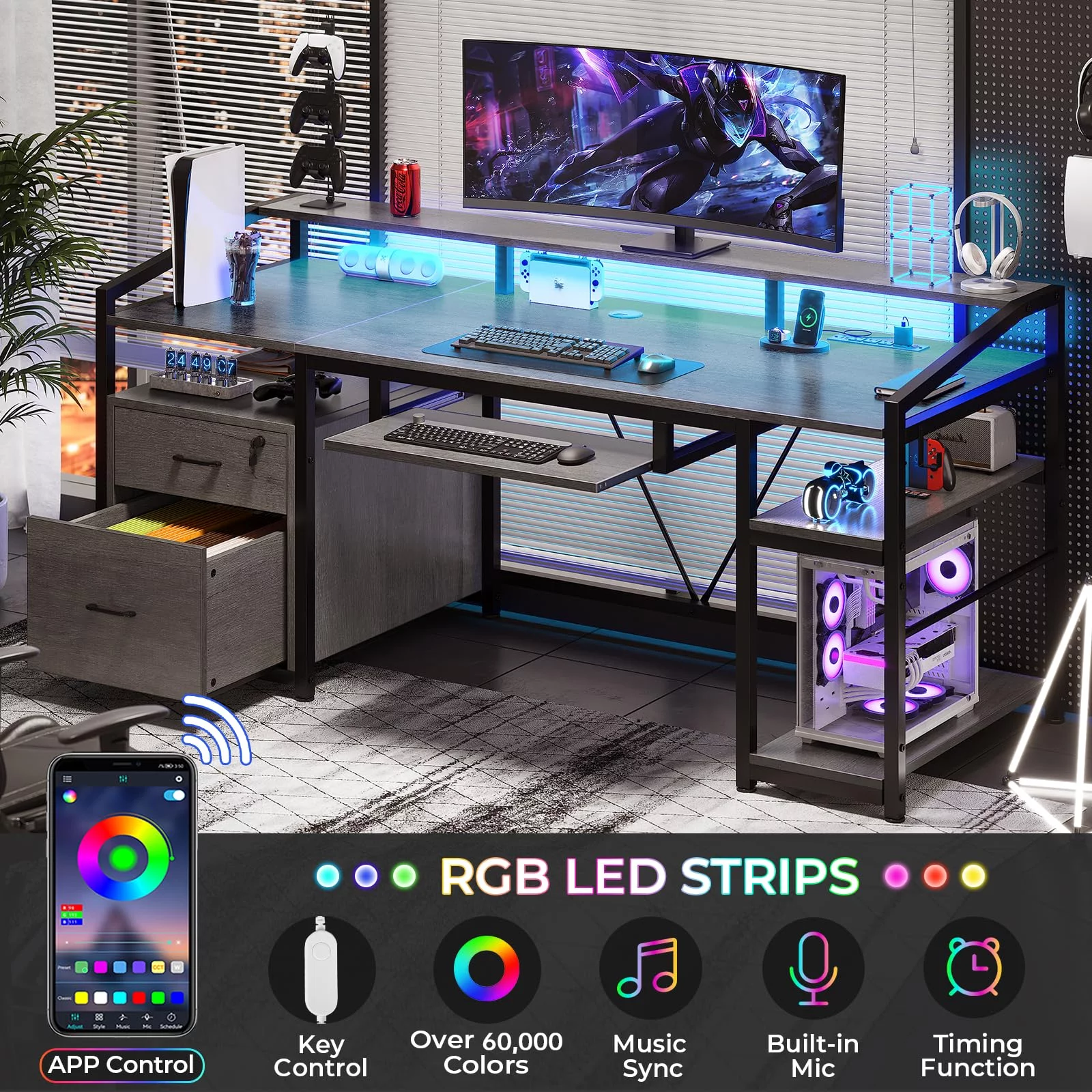 SEDETA 63" Computer Desk, Office Desk with Lock Drawers for Legal/Letter File, Gaming Desk with LED Light and Power Outlet, Gray