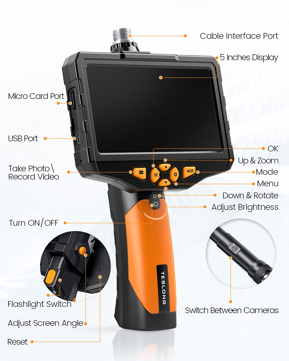 Teslong Dual Lens Inspection Camera with Light, Digital Industrial Borescope, Video Endoscope, Scope Camera, 5 IPS Screen, 16.4ft Flexible Probe, 1080p, Tool for Home, Pipe, Automotive (Waterproof)