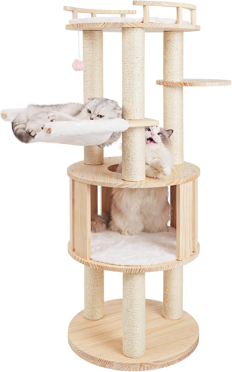 52" Modern Cat Tree Tower for Indoor Cats, Solid Pine Cat Scratching Tree for Multiple Large Cats, Wood Climbing Tower Hammock Post, Unique Design, Easy Clean