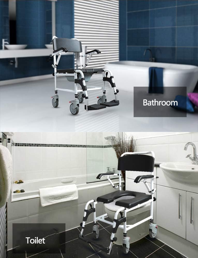 KOHARA Shower Bedside Commode Chair Padded Seat with Wheels,Commode Toilet Rolling Shower Chair with Casters and Pedal,Elderly Wheelchair