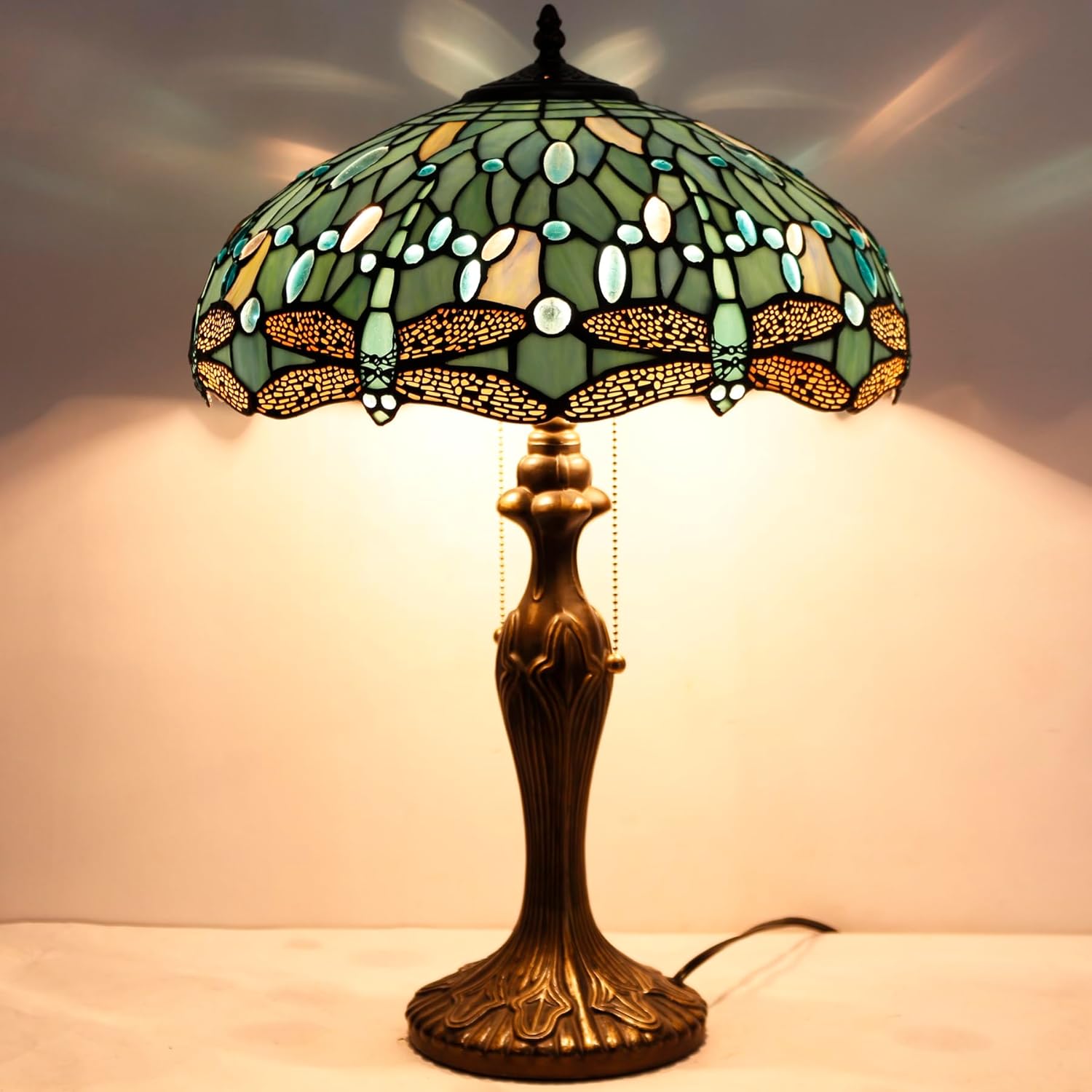 WERFACTORY Tiffany Lamp Sea Blue Stained Glass Bedside Table Lamp Dragonfly Style Desk Reading Light Metal Base 16X16X24 Inches Decor Bedroom Living Room Home Office S147 Series