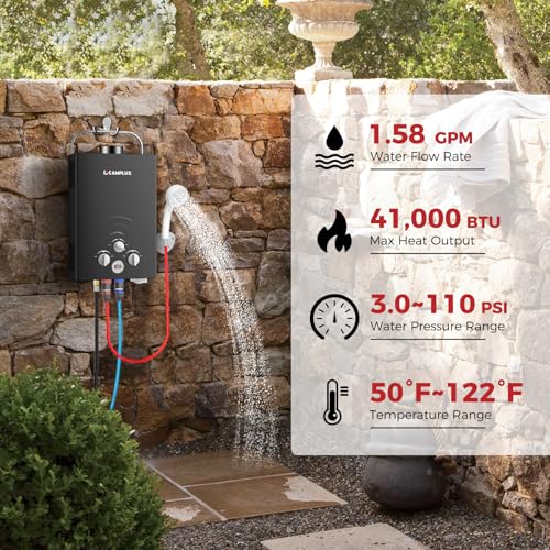 CAMPLUX 2.64 GPM Propane Portable Gas Water Heater, 68,000 BTU Outdoor Tankless Camping Water Heater with Digital Display, White