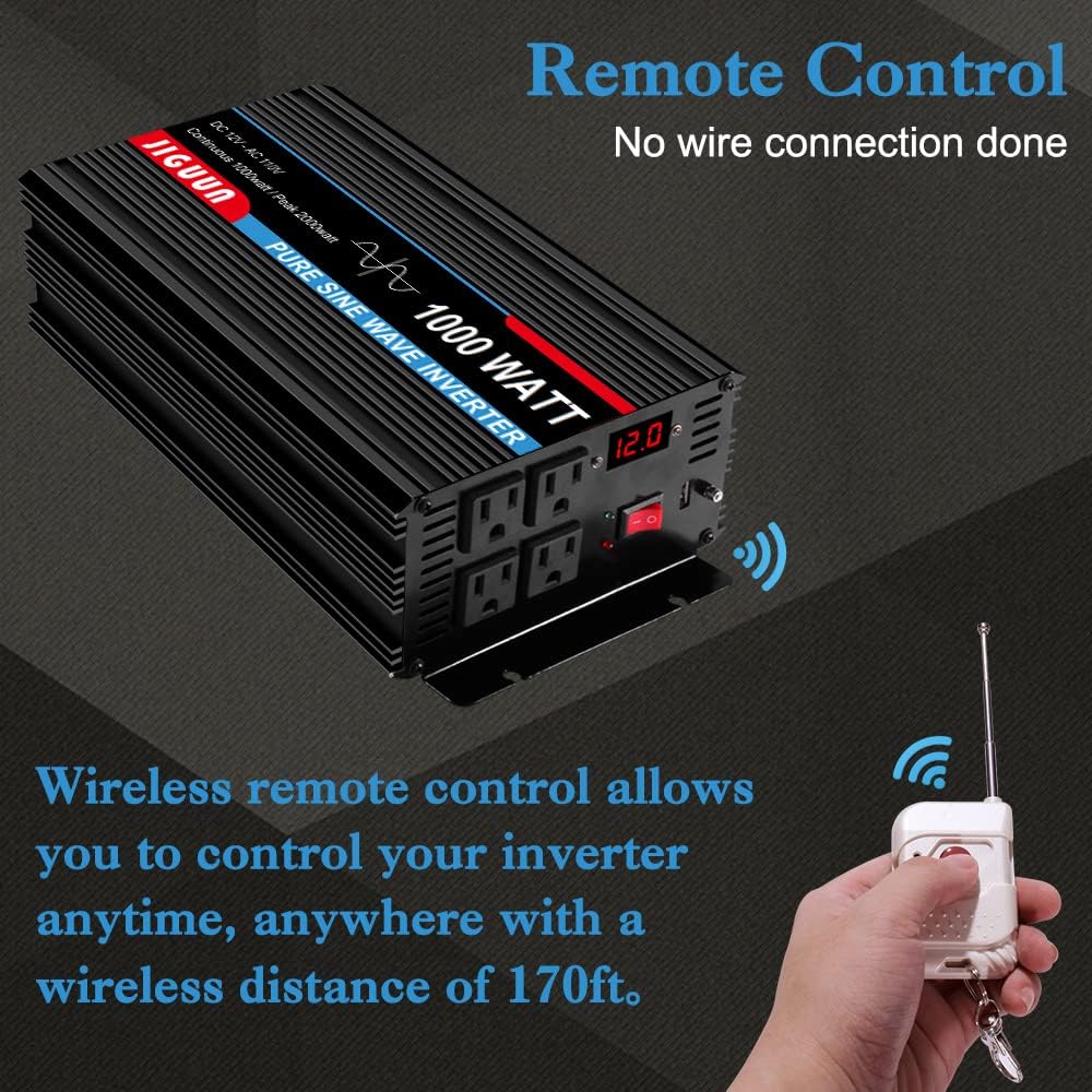 JIGUUN 3000 Watt/6000 Watt Pure Sine Wave Inverter, Power Converter 12V DC to 110v/120v AC, Car Inverter with 4 AC Outlets&USB Port 170ft Wireless Remote Control for RV Camping Truck(3000W-12V)
