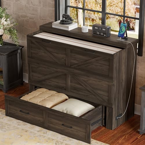 Wooden Murphy Cabinet Bed Frame with Charging Station, Full-Size Foldable Wall Bed with Large Storage Drawer for Home Apartment Limited Living Places, Space-Saving Hidden Bed No Box Spring Needed