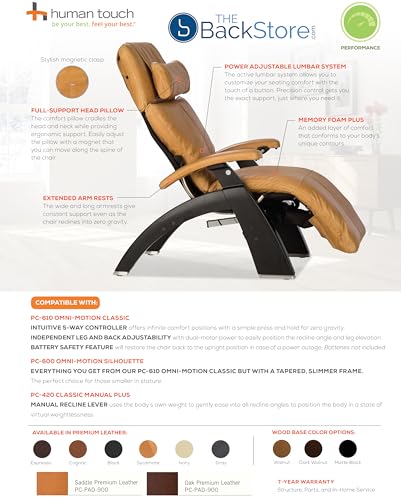 Human Touch Perfect Chair PC-610 Omni-Motion Classic Power Zero Gravity Recliner Performance Memory Foam Package Matte Black + Laptop Desk - Sycamore Premium Leather