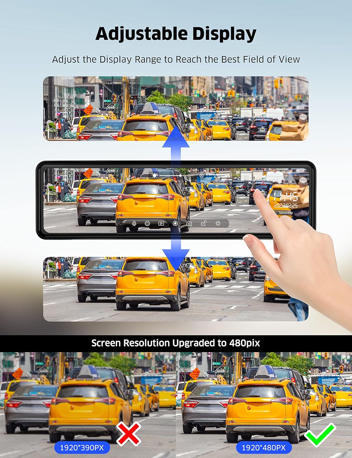 LAMTTO Mirror Dash Cam 11 inch with Adjustable Front Camera, Waterproof Rear View Mirror Backup Camera for Car, 170° Wide Angle 1080P Touch Screen Dual Dash Cam w/s Night Vision, Parking Assistance