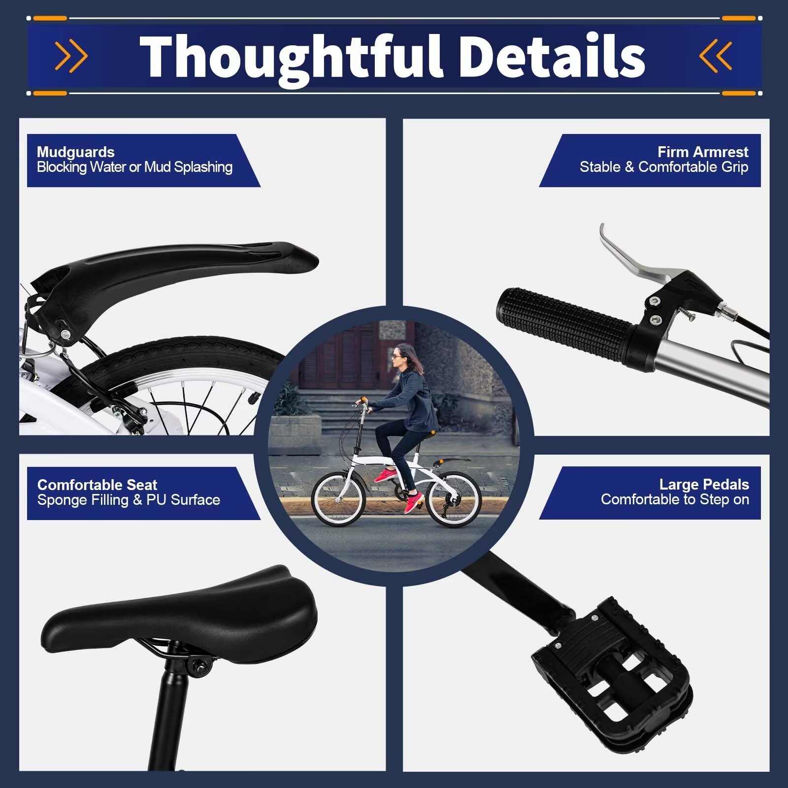 OUKANING 20" White Folding Bike Height Adjustable Foldable City Bike for Adult Commute Bicycle 6 Speed Gears with Mudguard