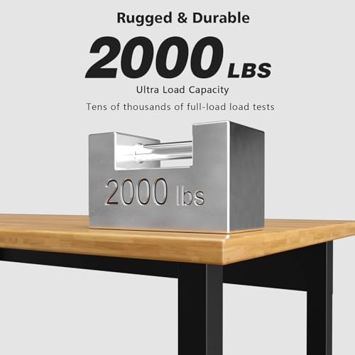 60" Adjustable Workbench, 2000 LBS Load Capacity Heavy Duty Table, Hard Wood Work Bench with Power Outlets, Wheels and Drawer for Garage, Workshop, Home, Office, Easy to Assemble