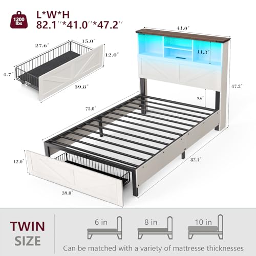 Twin Bed Frame with Bookshelf, Bookcase High Headboard with Charging Station and LED Light, Farmhouse Bed with Storage Drawers, No Box Spring Needed, Noise Free, Easy Assembly, Antique White