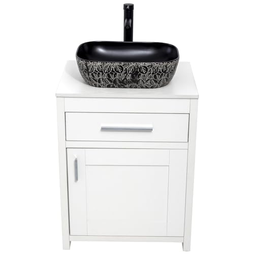 24 Inch Bathroom Vanity Sink Combo, Modern Pedestal Vanity Set, Sink Stand Under Sink Storage Cabinet Basin Vessel Sink with Chrome Faucet, Pop Up (WHITE WOOD 99B)