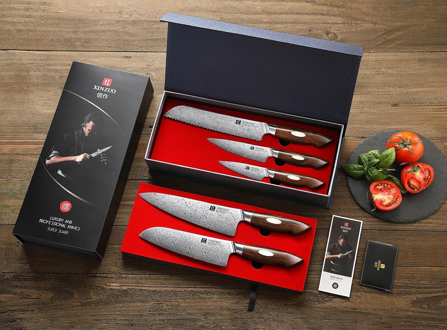 XINZUO 5-Piece Damascus Knife Set, 110 Layers Damascus Steel Professional Chef Knife Set, Razor Sharp for Meat,Vegetable Cutting,North America Desert Iron Wood Handle,Exquisite Box Package