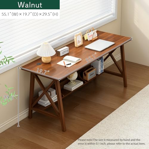 Extra Long Desk with Bookshelf - Solid Wood Home Office Work Study Table, 2-Person Writing Computer Workstation with Storage Shelf in Walnut, 55" Wx20 Dx30 H