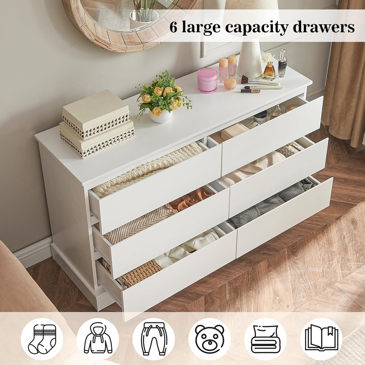 White Dresser with 6 Drawers, Modern Dresser, Nursery Dresser Organizer, Deep Chest of Drawers, Wood Dressers Storage for Bedroom, Living Room, Hallway, Entryway